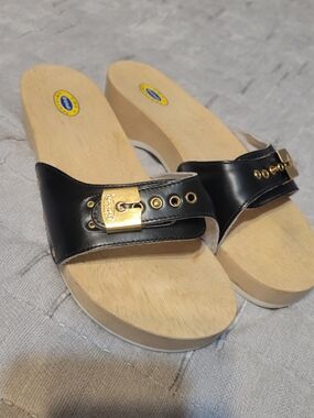 Black Leather and Wood Slide Clog with Gold Accent